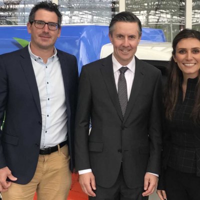 From left, UQ's Dr Michael Heitzmann, Mark Butler MP, and UQ's Dr Nasim Amiralian with the ACE-EV electric van. 